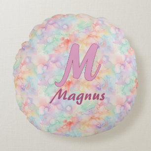 pink blue watercolor pastel monogram name letter c round pillow