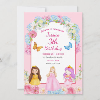Pink Blue Watercolor Princess Girl Illustrated Invitation