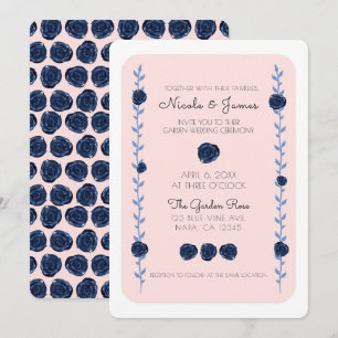 Pink Blue Watercolor Rose Vines Cottage Wedding Invitation