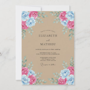 Pink Blue Watercolor Rustic Wedding Invitation