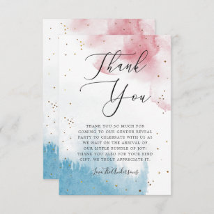Pink Blue Watercolor Wash Gender Reveal Party Thank You Card