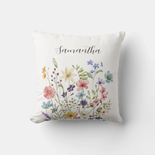 Pink Blue Watercolor Wildflower Custom Name Throw Pillow