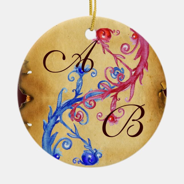 PINK BLUE WEDDING SWIRLS PARCHMENT GEM MONOGRAM CERAMIC ORNAMENT (Front)