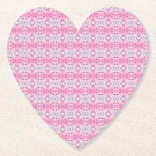 Pink Blue White Art Deco Pattern Valentine Heart Paper Coaster