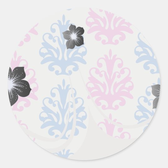 pink blue white damask classic round sticker
