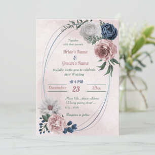 pink blue white floral greenery geometric wedding invitation