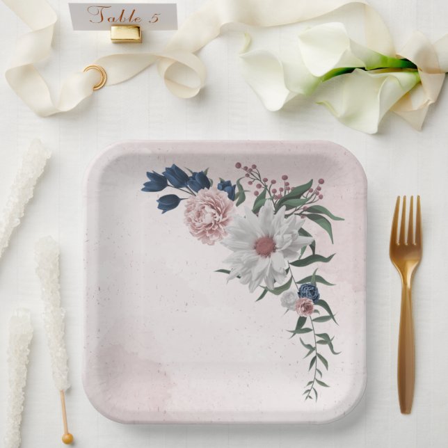  pink blue white floral greenery wedding paper plate (Wedding)