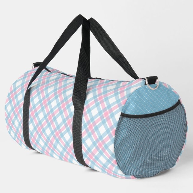 PINK BLUE WHITE PLAID PATTERNS DUFFLE BAG (Right Corner)