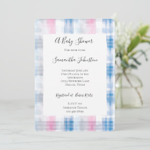Pink Blue White Plaid Stripes Baby Shower Invitation