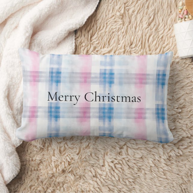 Pink Blue White Plaid Stripes Christmas Lumbar Pillow (Blanket)