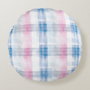 Pink Blue White Plaid Stripes Round Pillow