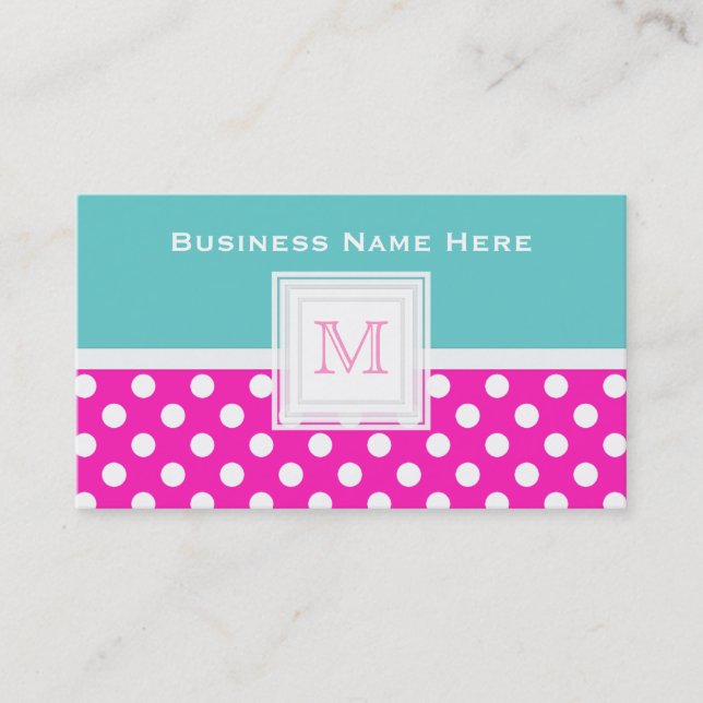 Pink Blue White Polkadot: Monogram Business Card (Front)