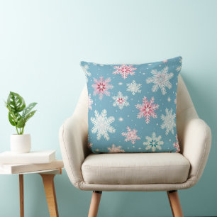 PINK & BLUE WINTER EMBROIDERED LOOK SNOWFLAKES THROW PILLOW