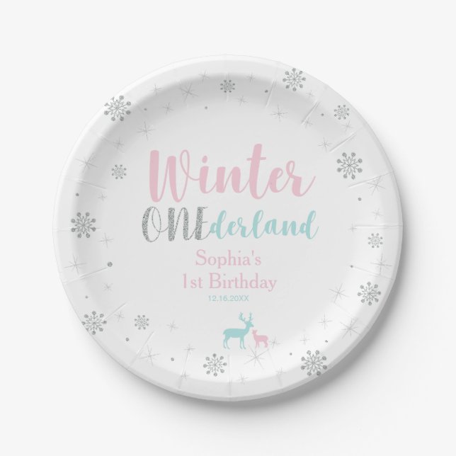 Pink & Blue Winter Onederland 1st Birthday Party Paper Plate (Front)