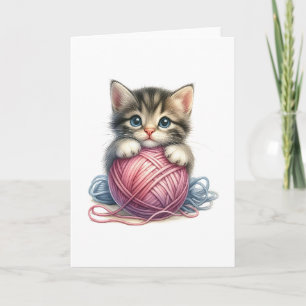 Pink Blue Yarn & Bright-Eyed Kitten Blank Greeting Card