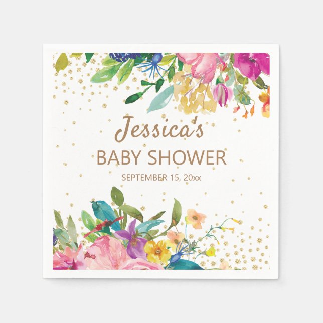 Pink Blue Yellow Baby Shower Gold Glitter White Napkin (Front)