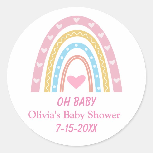 Pink Blue Yellow Boho Rainbow Oh Baby Shower  Classic Round Sticker (Front)