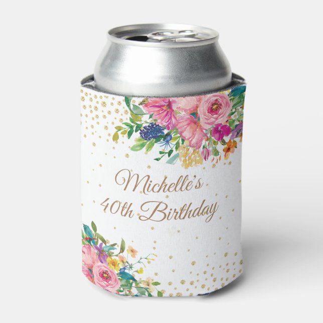 Pink Blue Yellow Floral 40th Birthday Can Cooler (Can Front)