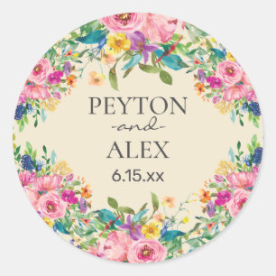 Pink Blue Yellow Floral Bride Groom Wedding Classic Round Sticker