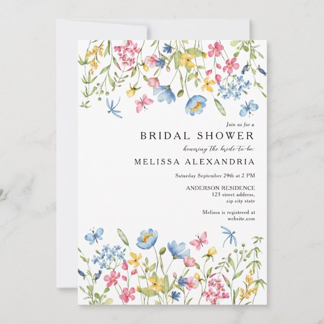 Pink Blue Yellow Floral Wildflowers Bridal Shower  Invitation (Front)