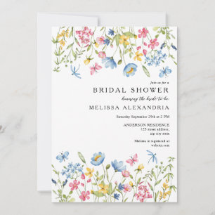 Pink Blue Yellow Floral Wildflowers Bridal Shower  Invitation