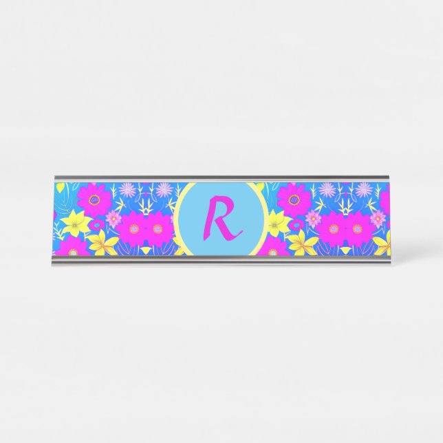 Pink blue yellow flower pattern background add nam desk name plate (Front)