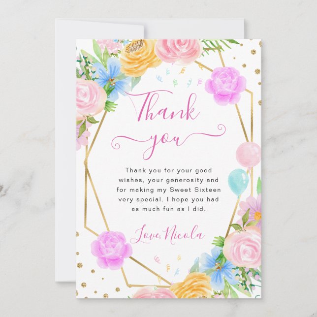 Pink Blue Yellow Flowers Gold Frame Sweet 16 Thank You Card (Front)