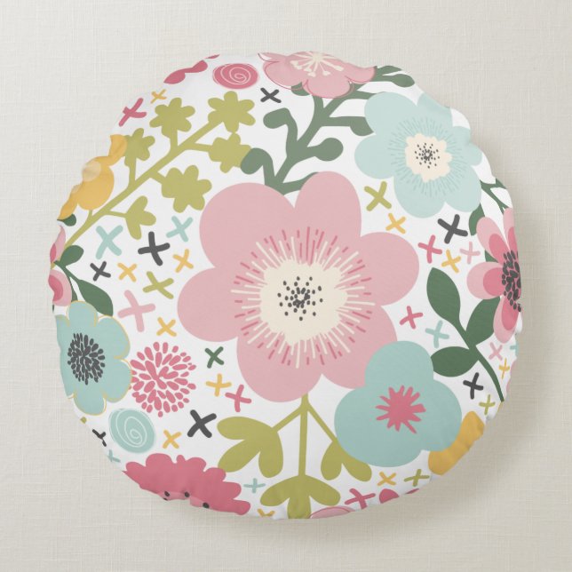 Pink Blue Yellow Flowers Modern Floral  Round Pillow (Front)