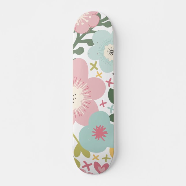 Pink Blue Yellow Flowers Modern Floral  Skateboard (Front)