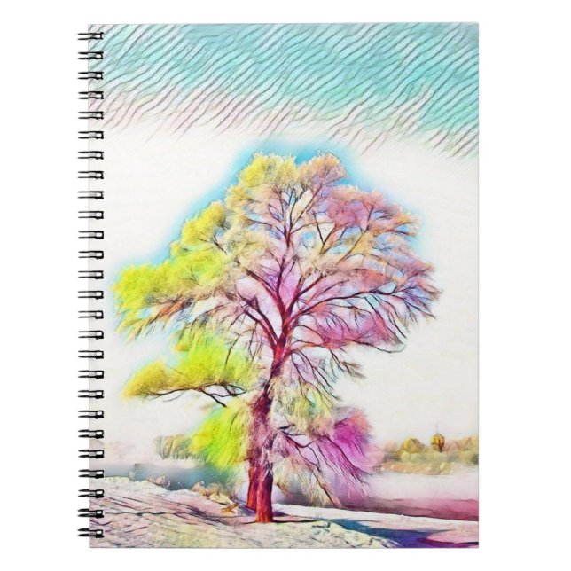 Pink, blue, yellow green painting of a Snowed Tree Notebook (Front)