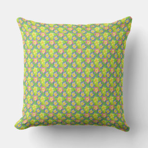 Pink, Blue, Yellow on Green Primroses Pattern Throw Pillow