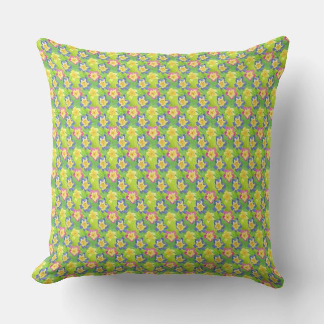 Pink, Blue, Yellow on Green Primroses Pattern Throw Pillow (Front)