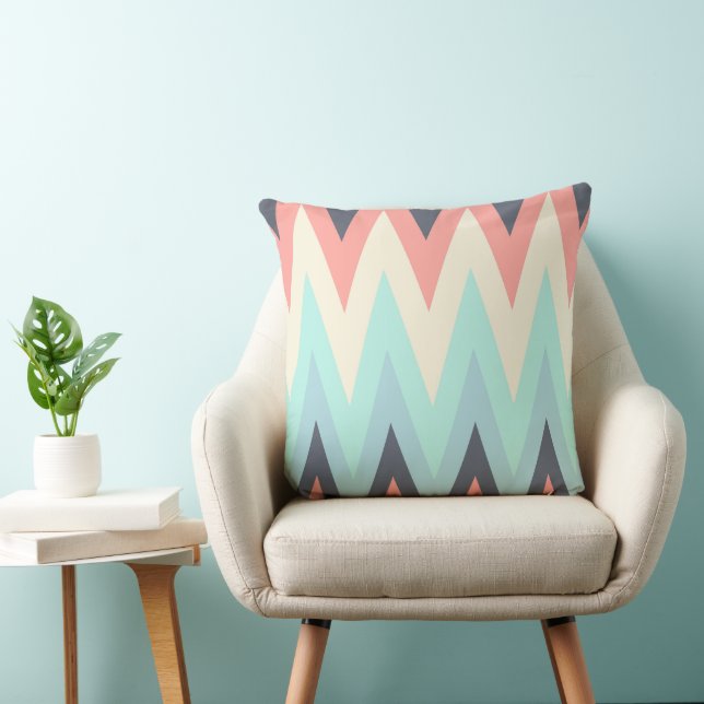 pink, blue, yellow, peach and yellow chevron Patte Throw Pillow (Chair)