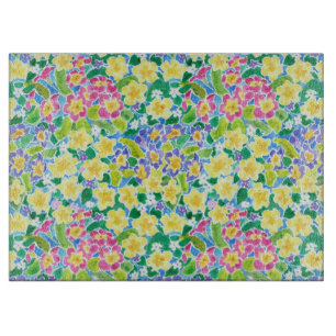 Pink, Blue, Yellow Primroses Glass Cutting Board