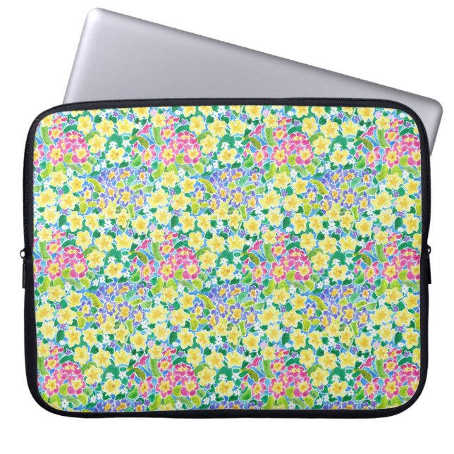 Pink Blue Yellow Primroses Neoprene Laptop Sleeve (Front)