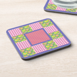 Pink, Blue, Yellow Primroses, Polka Dots, Gingham Coaster