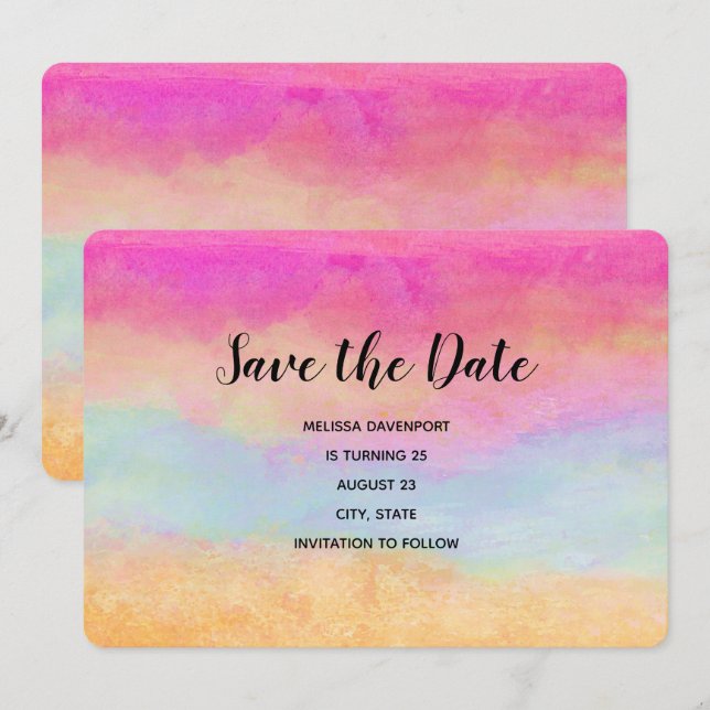 Pink Blue Yellow Rainbow Abstract Stripes Birthday Save The Date (Front/Back)
