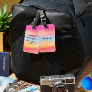 Pink Blue Yellow Rainbow Abstract Stripes Luggage Tag