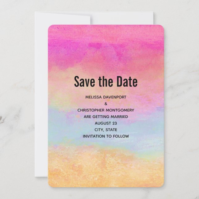 Pink Blue Yellow Rainbow Abstract Stripes Save The Date (Front)