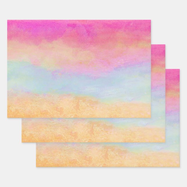 Pink Blue Yellow Rainbow Abstract Stripes Wrapping Paper Sheet (Set)
