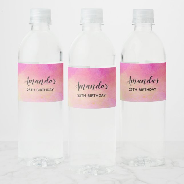  Pink Blue Yellow Rainbow Stripes Birthday Water Bottle Label (Bottles)