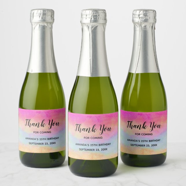 Pink Blue Yellow Rainbow Stripes Thank You Sparkling Wine Label (Bottles)