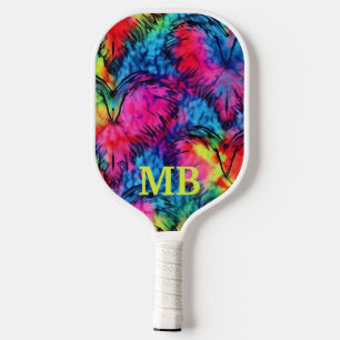 Pink Blue Yellow Tie Dye Hearts Monogram Pickleball Paddle