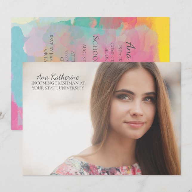 Pink Blue Yellow Watercolor Photo Trunk Party Invitation (Front/Back)