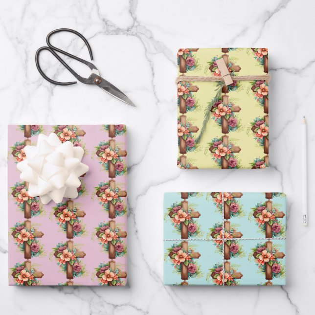 Pink Blue Yellow Wooden Cross Flowers Easter Wrapping Paper Sheet (Front)