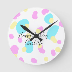 Pink blue yellowhappy birthday kids shapes abstrac round clock