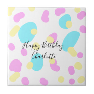 Pink blue yellowhappy birthday kids shapes abstrac tile