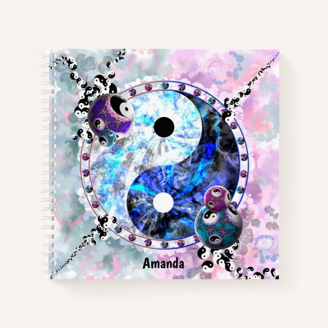 Pink Blue Yin Yang Symbol Monogram Notebook (Front)