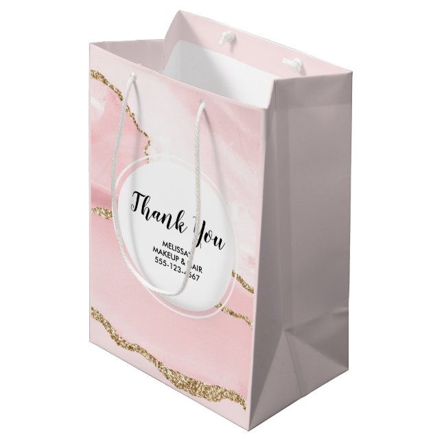 Pink Blush Agate & Gold Ribbon Thank You Business Medium Gift Bag (Front Angled)