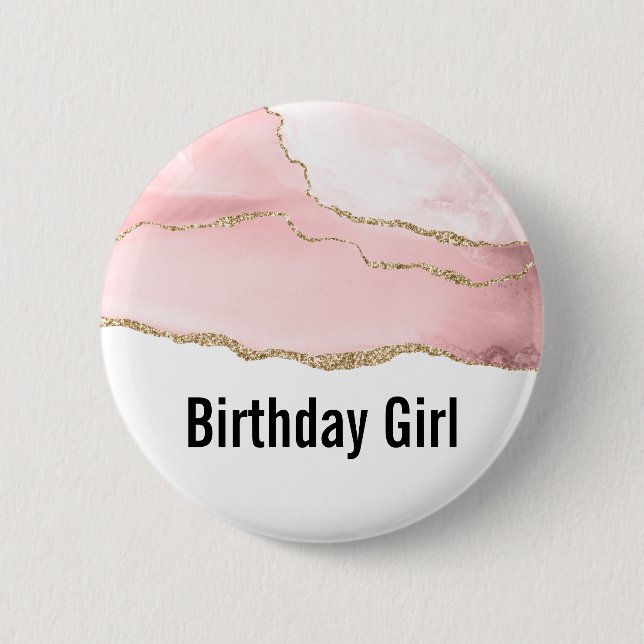 Pink Blush Agate with Gold Ribbon Birthday Girl 2 Inch Round Button (Front)
